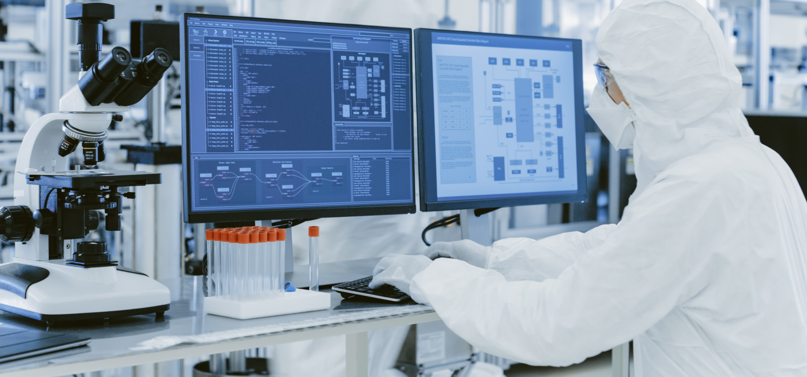 Laboratory workstation with dual monitors displaying software code and system diagrams